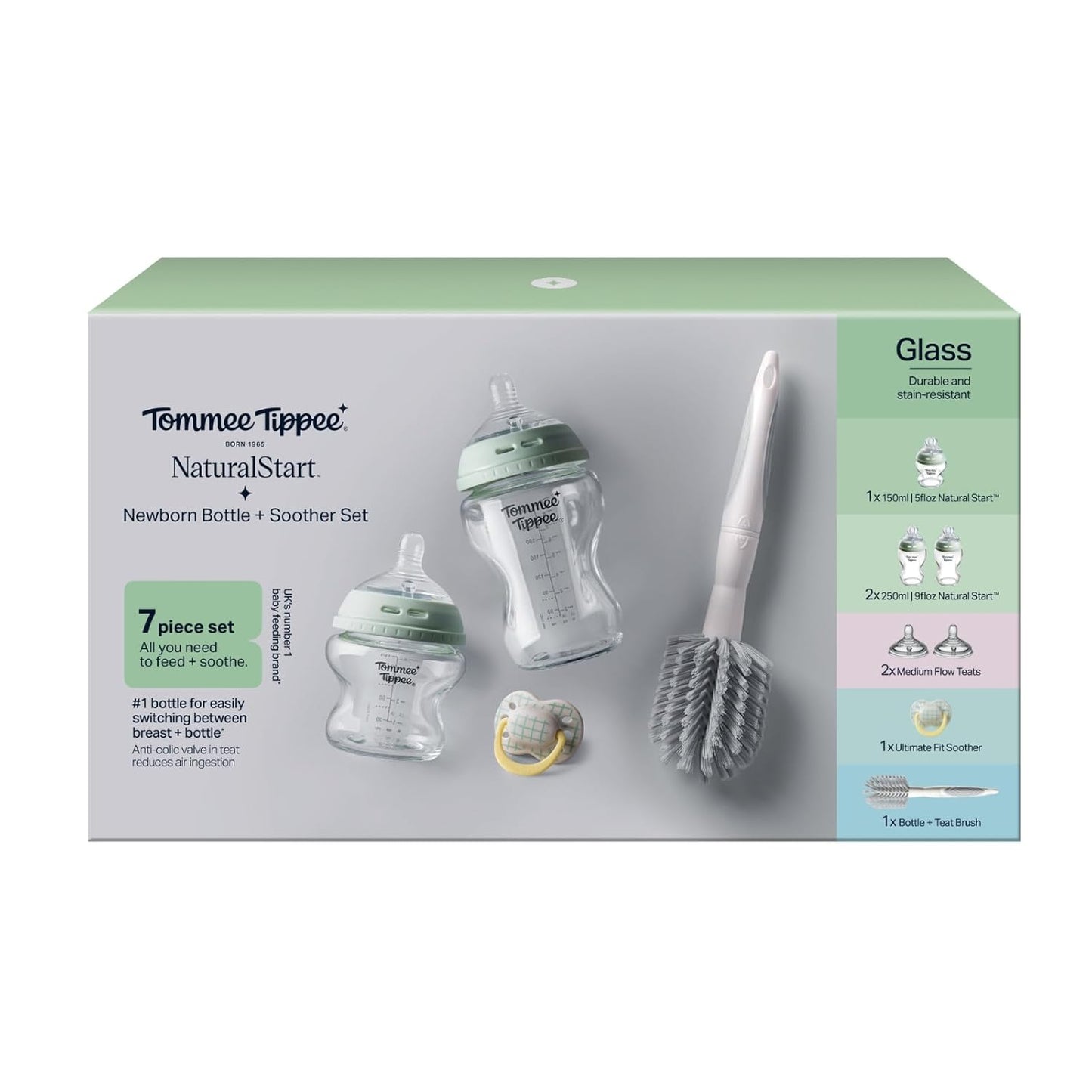 Tommee Tippee Natural Start 9 oz Glass Baby Bottles, Self Sterilizing, BPA & Phthalates Free, 0+ Months, Slow Flow Breast-Like Nipple for a Natural Latch, Travel Jar Lids, Cup Rings, Pack of 3