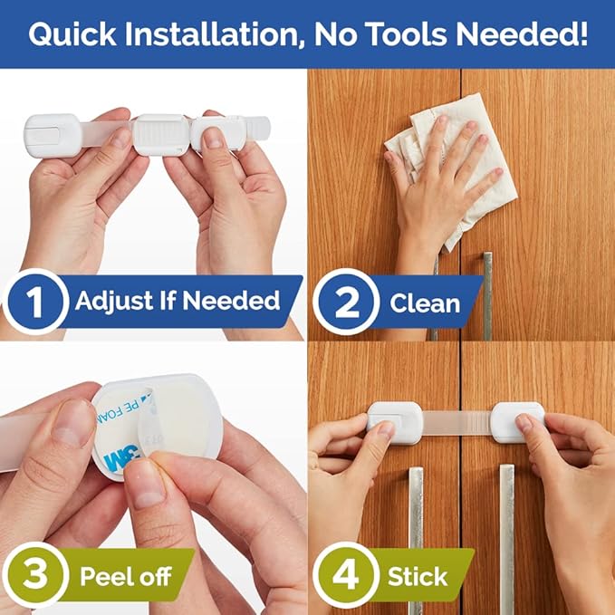 Child Safety Strap Locks (6 Pack) Baby Locks for Cabinets and Drawers, Toilet, Fridge & More. 3M Adhesive Pads. Easy Installation, No Drilling Required, White