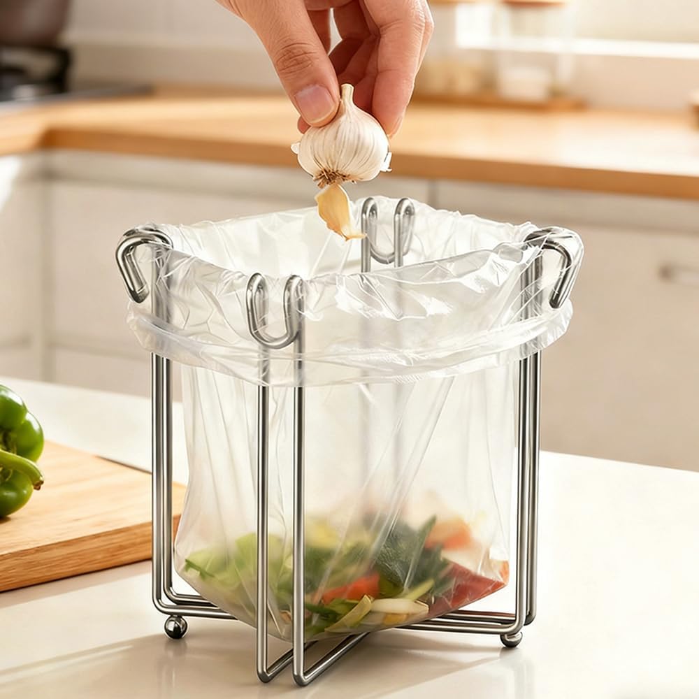 Kitchen Stand Holder 304 Stainless Steel Plastic Bag Rack Multifunctional Countertop Cups Bottles Drying Rack for Bottles and Cups Trash Bag Shelf Garbage Bag Holder for Home Kitchen Tower