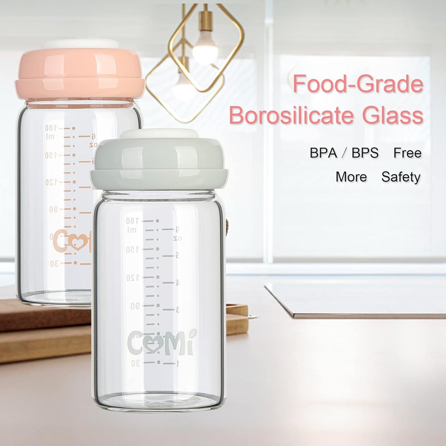 COMI Wide Neck Glass Breastmilk Collection n Storage Bottle, 4 Packs,10oz with Screw Ring Sealing Disk,Re-markable Sealing Disc,BPA Free,Fits Breast Pumps&Nipples(4 Green Lids)