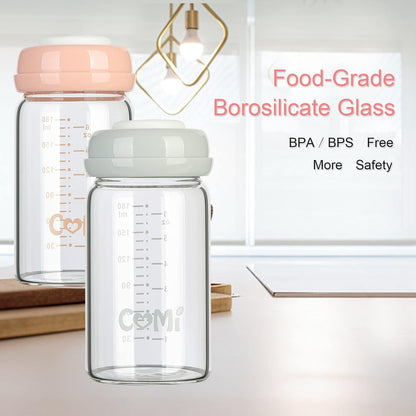 COMI Wide Neck Glass Breastmilk Collection n Storage Bottle, 4 Packs,10oz with Screw Ring Sealing Disk,Re-markable Sealing Disc,BPA Free,Fits Breast Pumps&Nipples(4 Green Lids)
