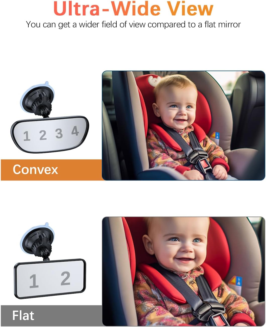 Baby Car Mirror on the Front Windshield, 360° Adjustable Wide Angle Convex Rearview for Rear Facing Infant Suction Cup & Adhesive Mount Safety Mirror for Car SUV Trucks