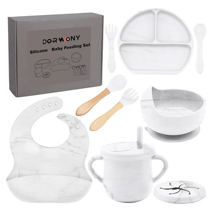 100% Silicone Baby Feeding Set, BPA Free Baby Dishes with Suction Bowl, Divided Plate, Toddler Self Feeding Dish Set with Spoons, Forks, Sippy Cup and Bib, Baby Eating Utensils (Navy Blue)