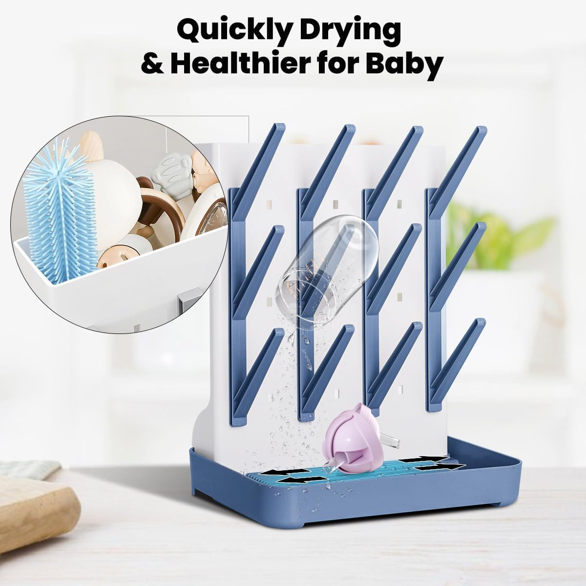 Baby Bottle Drying Rack: Vertical Space Saving Large Bottles Holder - Standing Boon Dryer Rack Baby Accessory - Countertop Holds Up to 12 Bottles & Pump Part Cleaning & Cup (Blue) (Gray)