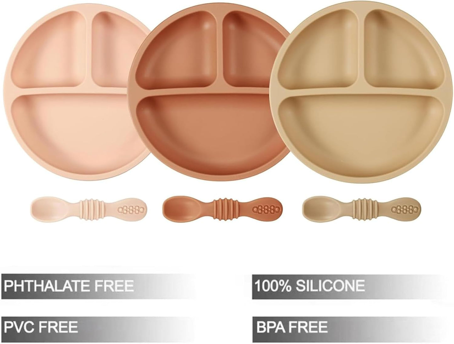 PandaEar Baby Feeding Set, 3 Pack Toddler Plates with 3 Spoons, 100% Silicone Divided Suction Plate for Babies, BPA-Free, Dishwasher and Microwave Safe -Blue/Red/Brown