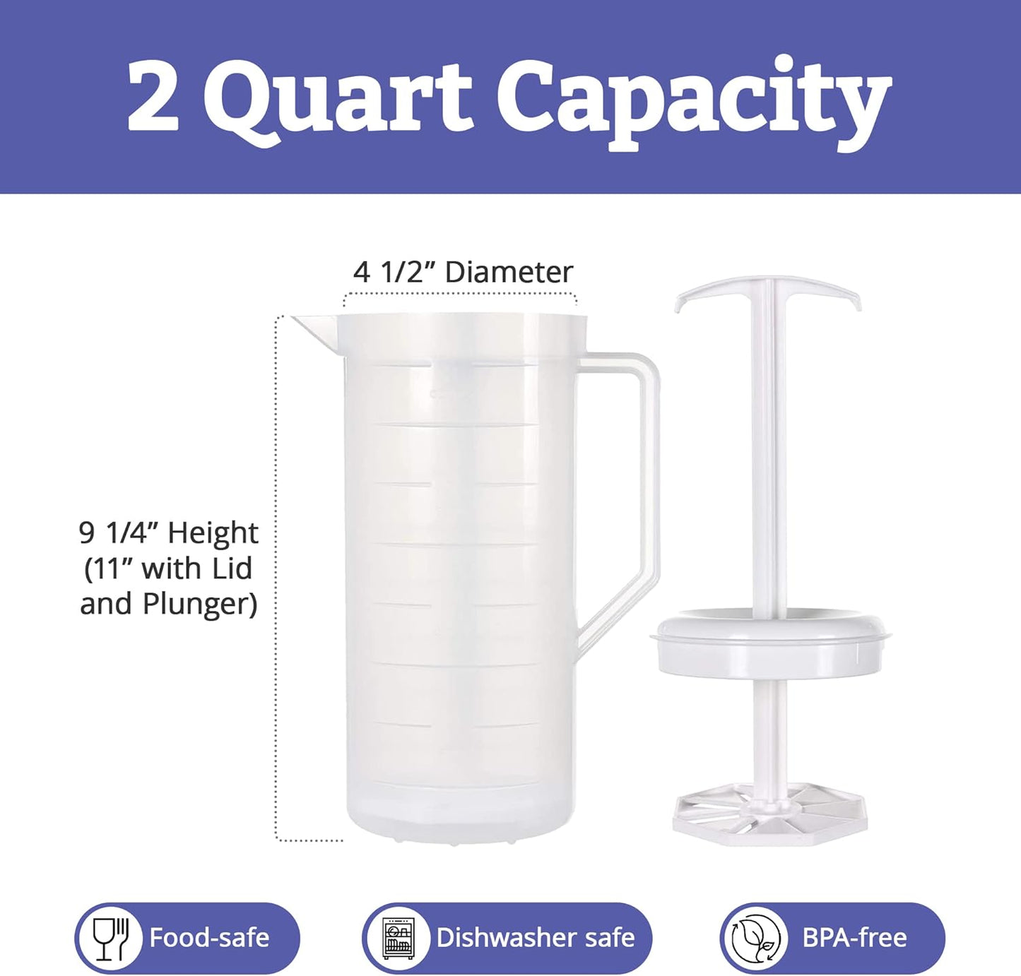 JBK Pottery 2-Quart White Mixing Pitcher with Plunger – BPA-Free Plastic Mixing Jug for Juice, Milk, Tea, Shakes, and More – Dishwasher-Safe, Spill-Proof Lid, Smart Stirring Design