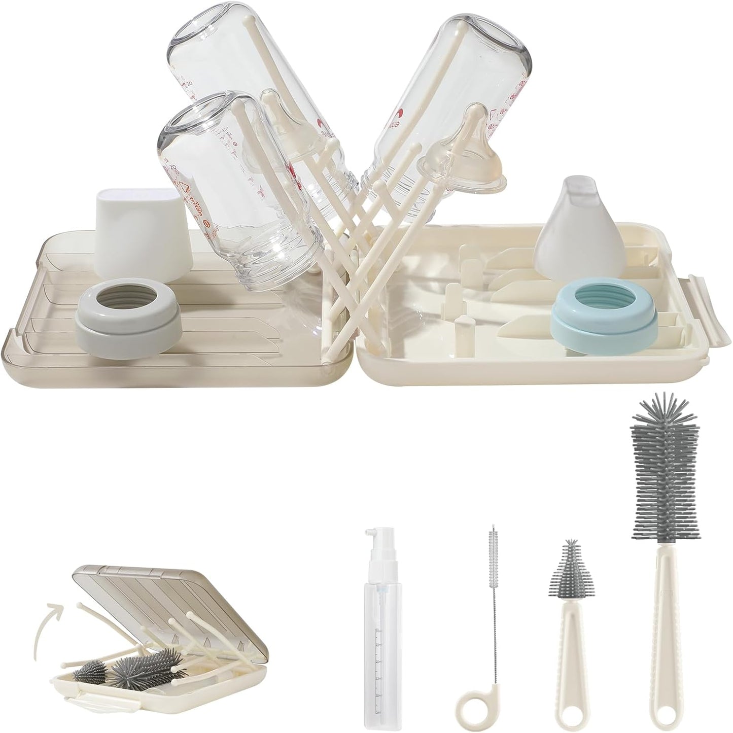 6 in 1 Cleaning Brush Set with Silicone Bottle, Nipple, Straw, Soap Dispenser, Drying Rack for Baby and Water Bottles, Space Saving Essentials for Home and Travel
