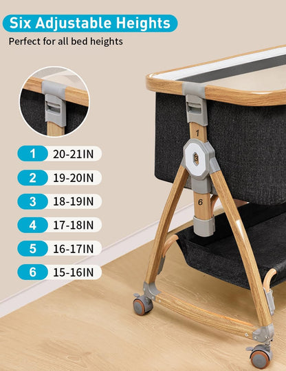 Baby Bassinet, Bedside Bassinet for Baby, 4 in 1 Portable Bassinet Bedside Sleeper with Wheels Mosquito Net & Storage Basket, 6 Height Adjustable Rocking Bassinet for Newborn Baby
