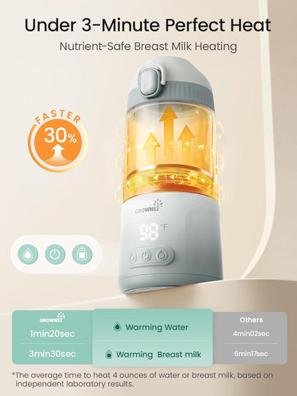 Grownsy Detachable Portable Bottle Warmer for Travel On the Go, All-in-One Milk Warmer with Nipple, Dual Heating Modes for Breastmilk & Formula, 2 Min Fast Heating, Long Battery Life (Green)