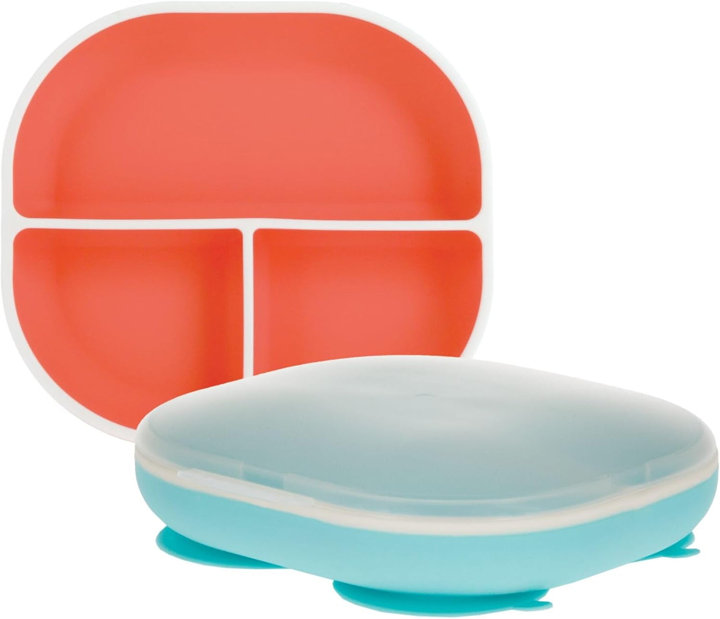 Nuby Silicone Round Suction Plate with Lid - Dishwasher-Safe Baby and Toddler Plate - 6+ Months - Aqua and Coral - Back to School Essentials