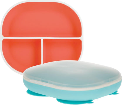 Nuby Silicone Round Suction Plate with Lid - Dishwasher-Safe Baby and Toddler Plate - 6+ Months - Aqua and Coral - Back to School Essentials