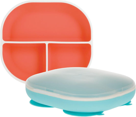 Nuby Silicone Round Suction Plate with Lid - Dishwasher-Safe Baby and Toddler Plate - 6+ Months - Aqua and Coral - Back to School Essentials