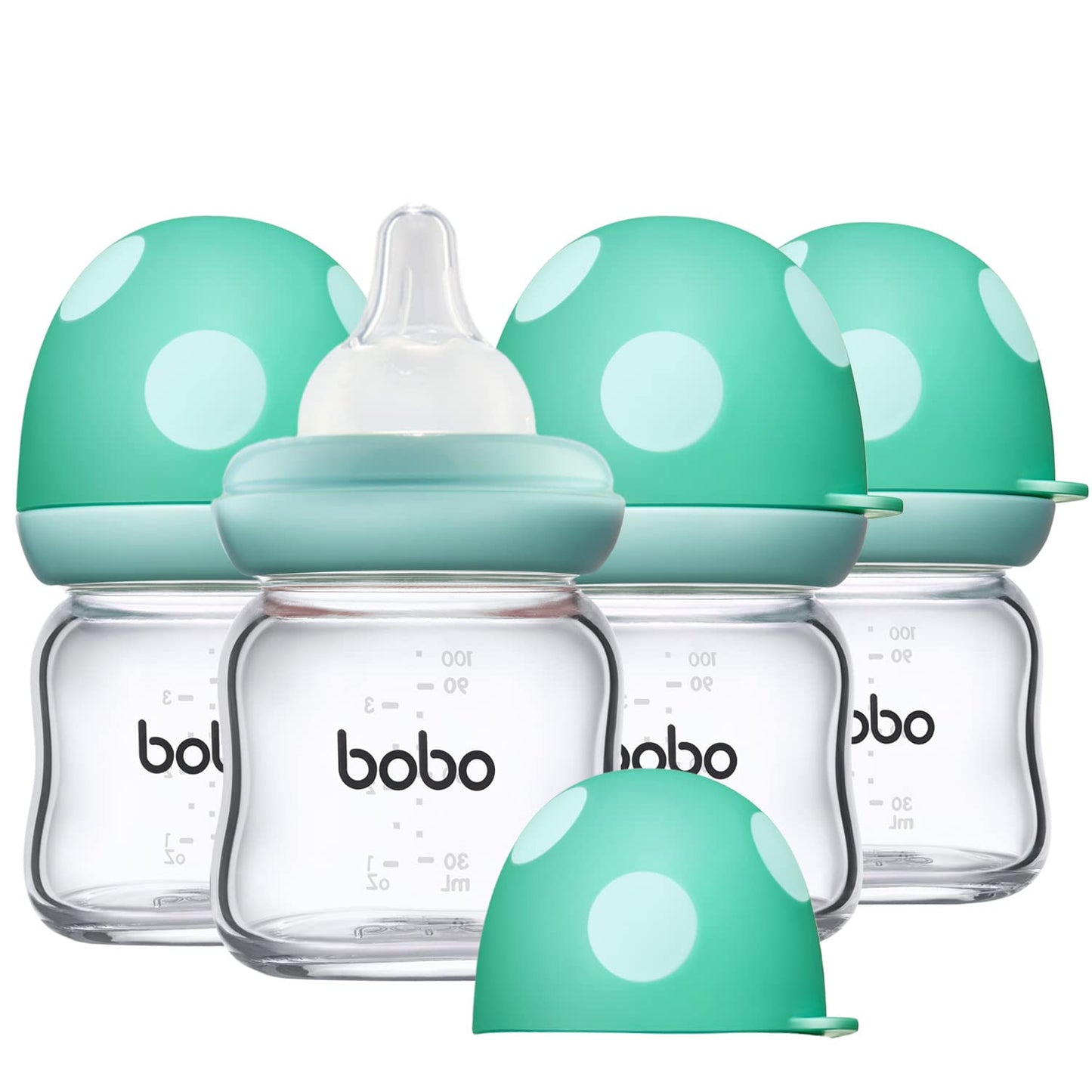 YOHKOH Natural Glass Baby Bottle with Level 1 Slow Flow Nipple, Newborn Anti-Colic Baby Bottles, Wide Neck Mushroom Baby Glass Bottle (Multicolour-A, 3.4oz (Pack of 4))