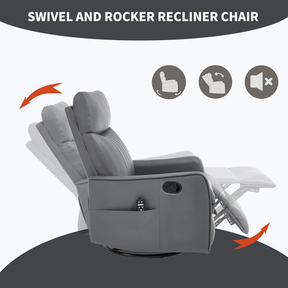 Swivel Rocker Recliner Chair for Adults, Nursery Rocking Chair with Heat and Massage, Glider Reclining Chair for Small Space Living Room Bedroom, Faux Leather Black