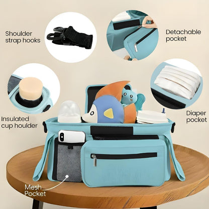 Stroller Organizer with Insulated Cup Holders - Universal Blue Baby Stroller Bag Caddy with Detachable Phone Pocket, Diaper Storage, Adjustable Straps for Uppababy, Doona, Baby Jogger, Britax