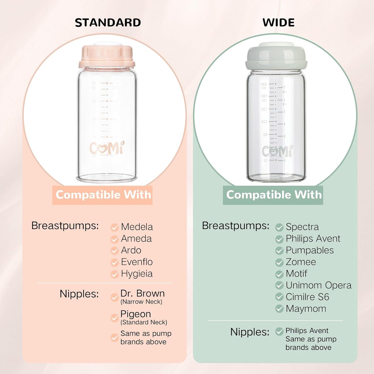COMI Natural Glass Baby Bottle,Breastmilk Storage Bottle for Fridge,Breast Milk Container,Breast Pump Bottle Compatible with Medela Breast Pump,BPA Free,2PCS (5oz,2 Gray Lids)