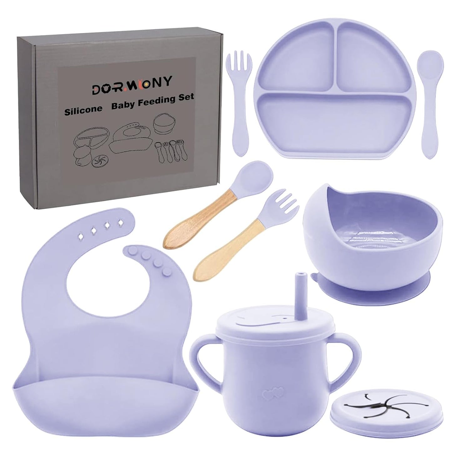 100% Silicone Baby Feeding Set, BPA Free Baby Dishes with Suction Bowl, Divided Plate, Toddler Self Feeding Dish Set with Spoons, Forks, Sippy Cup and Bib, Baby Eating Utensils (Navy Blue)