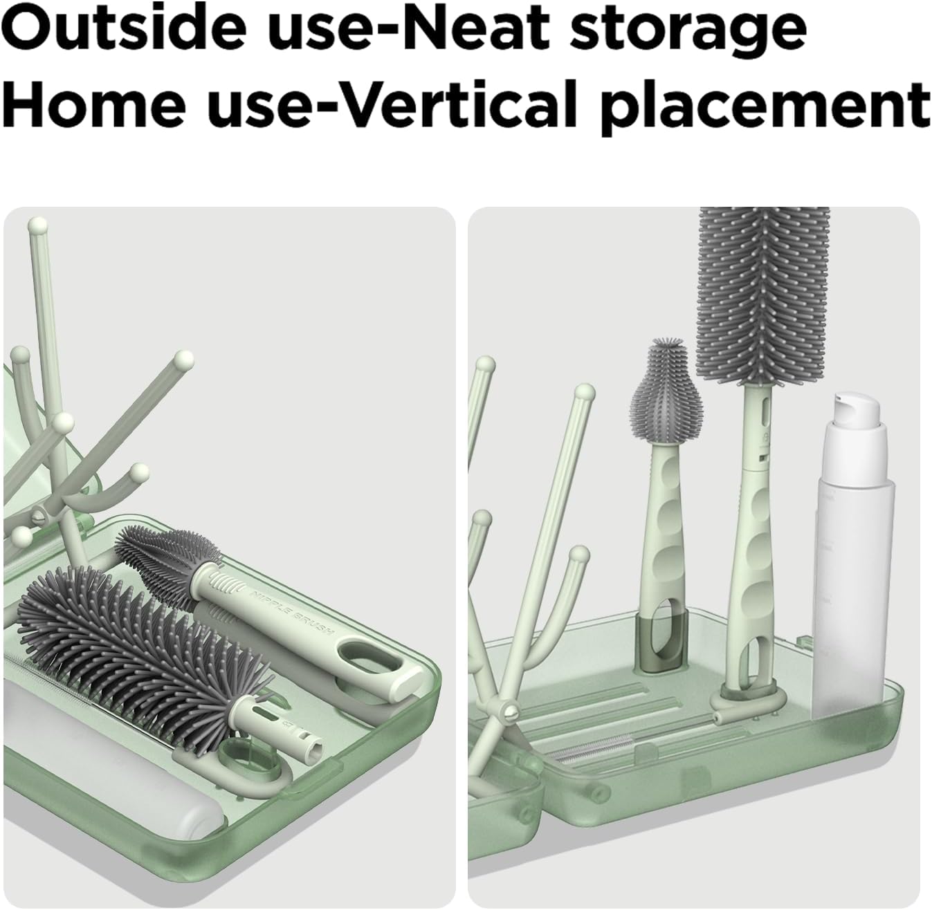 YOTIME Travel Bottle Brush, Travel Bottle Cleaner Kit with Foldable Bottle Drying Rack, for Visit Friends and Relations, Baby Travel Essentials, BPA Free, Green