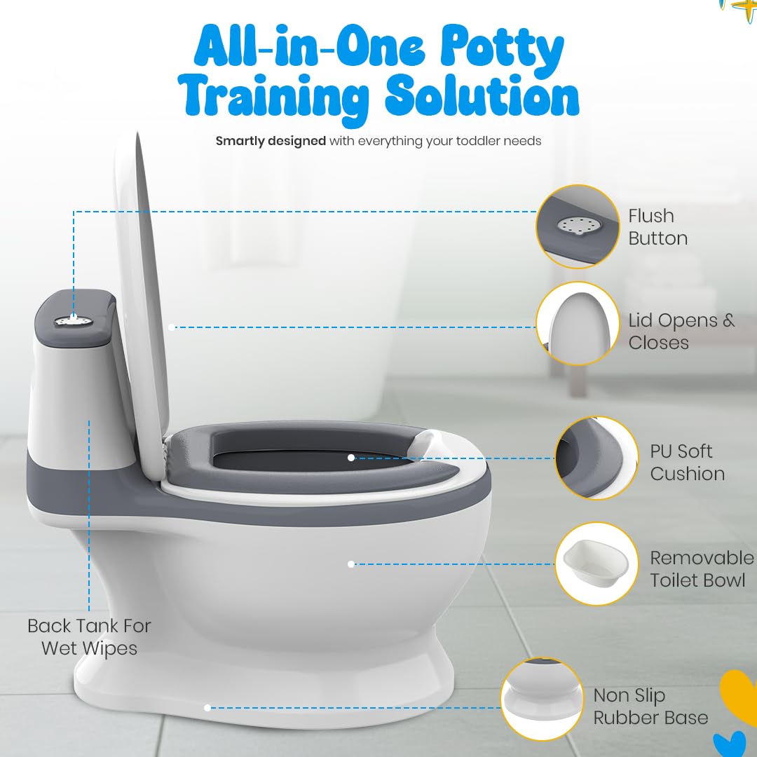 Toddler Potty Training Toilet with Diatomaceous Earth Mat – Realistic Toilet for Toddlers with Lid, Splash Guard & Non-Slip Base – Baby Potty Training Toilet with Bonus Tic-Tac-Toe Play Mat