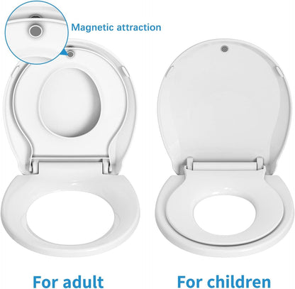 17" White Round Toilet Seat for Adult and Child, Built-In Potty Training Seat with Soft Quiet Close Non-Slip Design, Magnetic Kids Seat and Cover for Round/Oval Toilets, Easy to Install and Clean