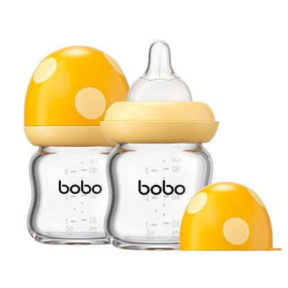 YOHKOH Natural Glass Baby Bottle with Level 1 Slow Flow Nipple, Newborn Anti-Colic Baby Bottles, Wide Neck Mushroom Baby Glass Bottle (Multicolour-A, 3.4oz (Pack of 4))
