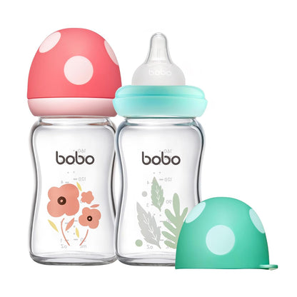 YOHKOH Natural Glass Baby Bottle with Level 1 Slow Flow Nipple, Newborn Anti-Colic Baby Bottles, Wide Neck Mushroom Baby Glass Bottle (Multicolour-A, 3.4oz (Pack of 4))