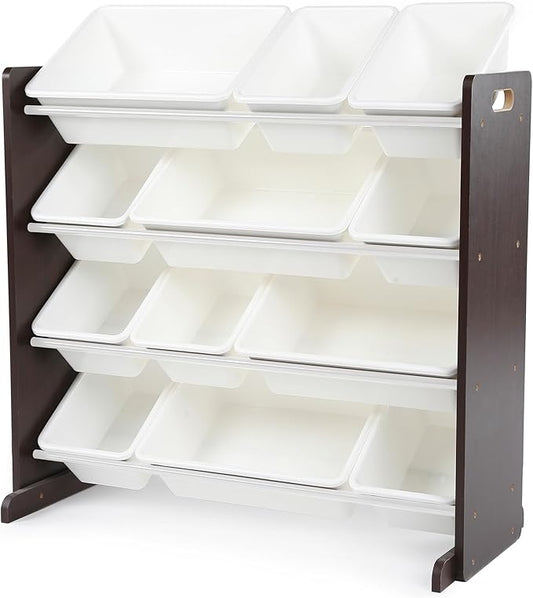 Humble Crew Kids Toy Storage Organizer with 12 Plastic Bins, Espresso/White – Removable Bins for Playroom, Bedroom, Toddler Furniture for Boys and Girls Ages