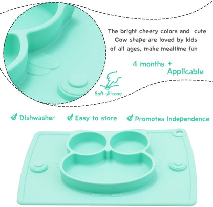 Silicone Divided Toddler Plates - Portable Non Slip Suction Plates Placemat for Children Babies and Kids BPA Free Baby Dinner Plate Bowl (Owl-Cyan)