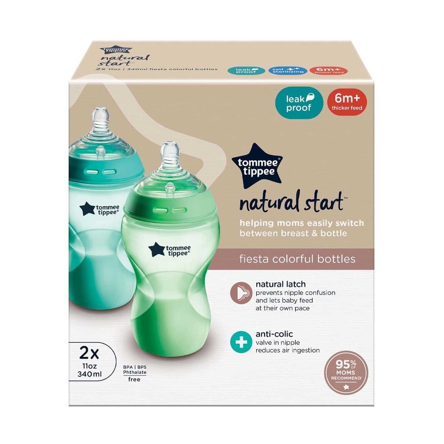 Tommee Tippee Natural Start Baby Bottle, 11oz, Thicker Feed, Breast-Like Nipple for Babies 6 Months+, Green and Teal, 2 Count