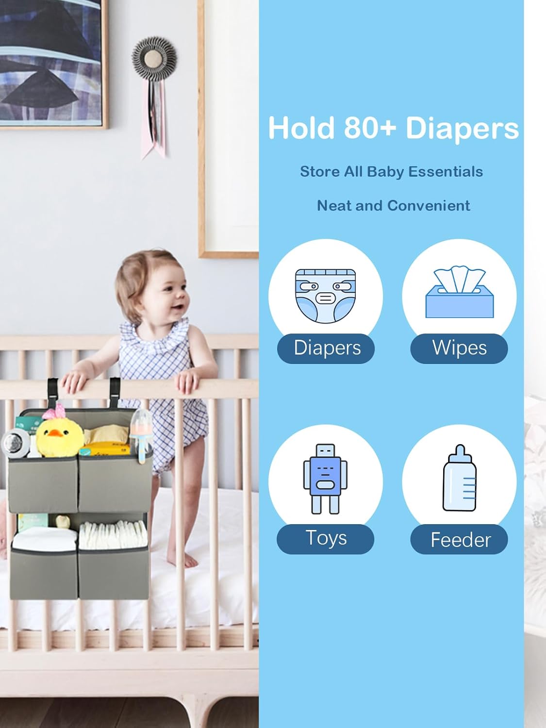 Hanging Diaper Organizer for Crib/Playpen/Bassinet – Hold 80+ Diapers - 4 Deep Pockets-H19in x L15 in Changing Table Diaper Holder - Hanging Diaper Storage Stacker Nursery Caddy - Gray