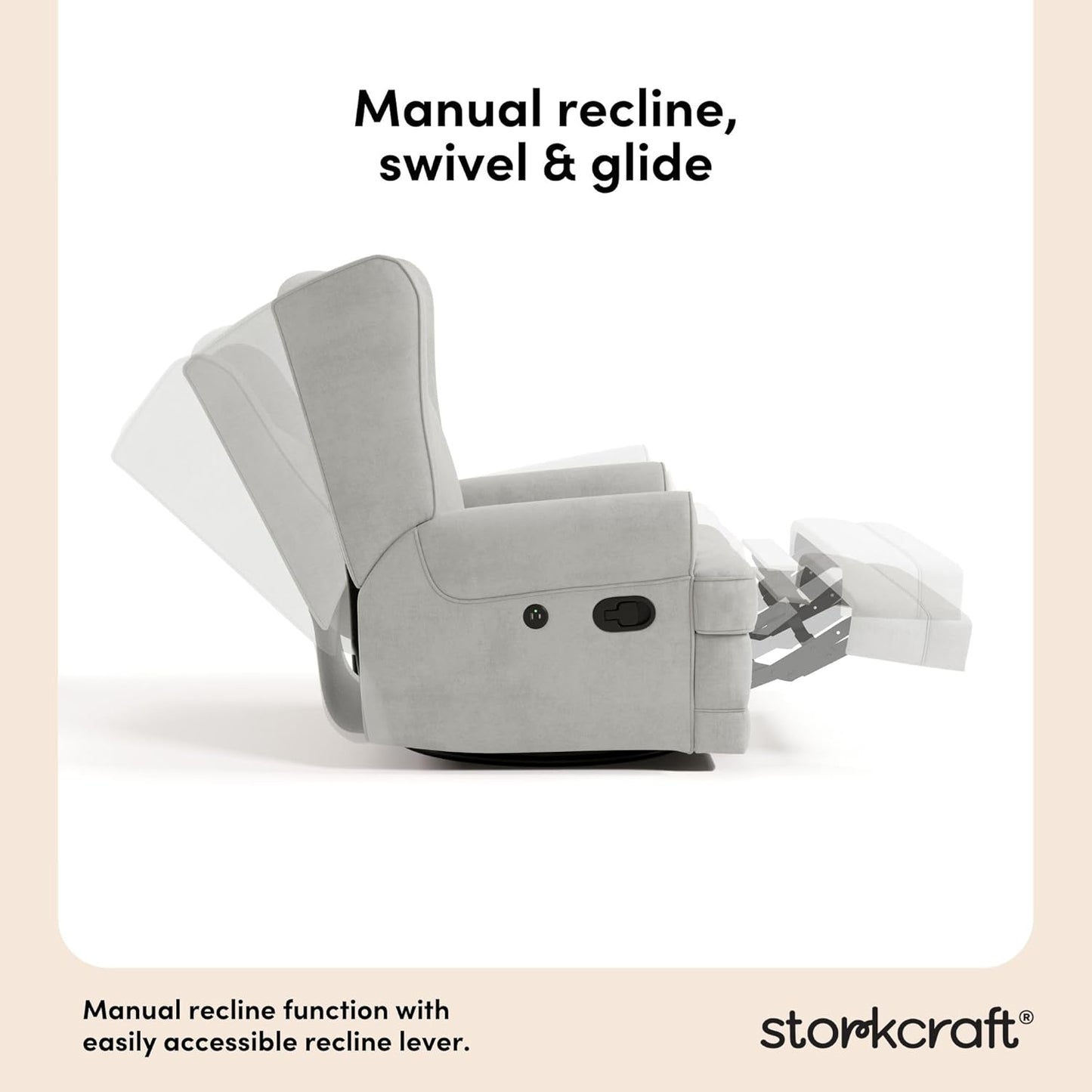Storkcraft Serenity Glider Recliner Nursery Rocking Chair with USB Charging Port (Ivory) – Premium Upholstered Nursery Glider Recliner with Manual Recline Function, Dual USB Charging