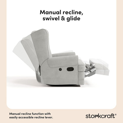Storkcraft Serenity Glider Recliner Nursery Rocking Chair with USB Charging Port (Ivory) – Premium Upholstered Nursery Glider Recliner with Manual Recline Function, Dual USB Charging