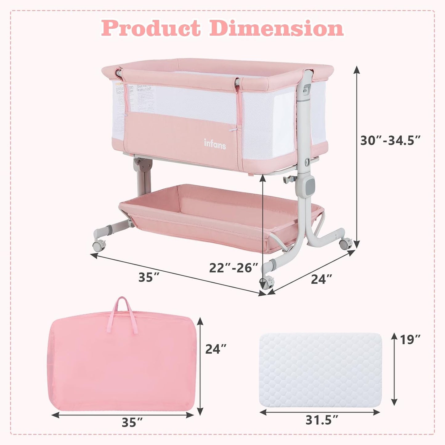 INFANS 3 in 1 Baby Bassinet, Bedside Sleeper with Comfy Mattress, Wheels, 6 Height Adjustable, Storage Basket, Travel Bag, Portable All Mesh Crib for Newborn Infant (Dark Grey)