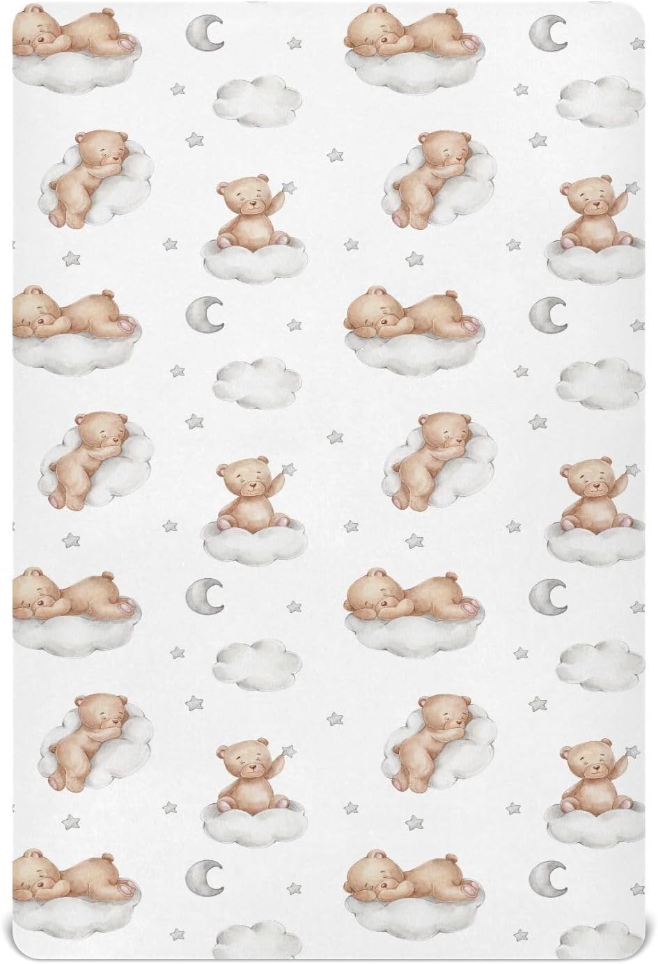 Fitted Crib Sheets White Bears with Clouds Stretchy Portable Playard Sheets for Baby Toddler, Breathable Soft Mini Crib Mattress 39 x 27 in for Boys and Girls