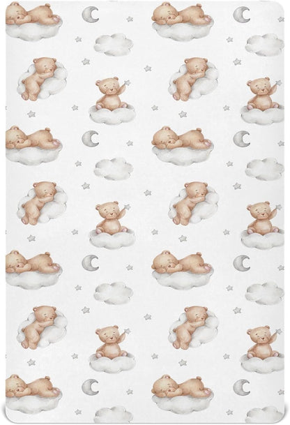Fitted Crib Sheets White Bears with Clouds Stretchy Portable Playard Sheets for Baby Toddler, Breathable Soft Mini Crib Mattress 39 x 27 in for Boys and Girls