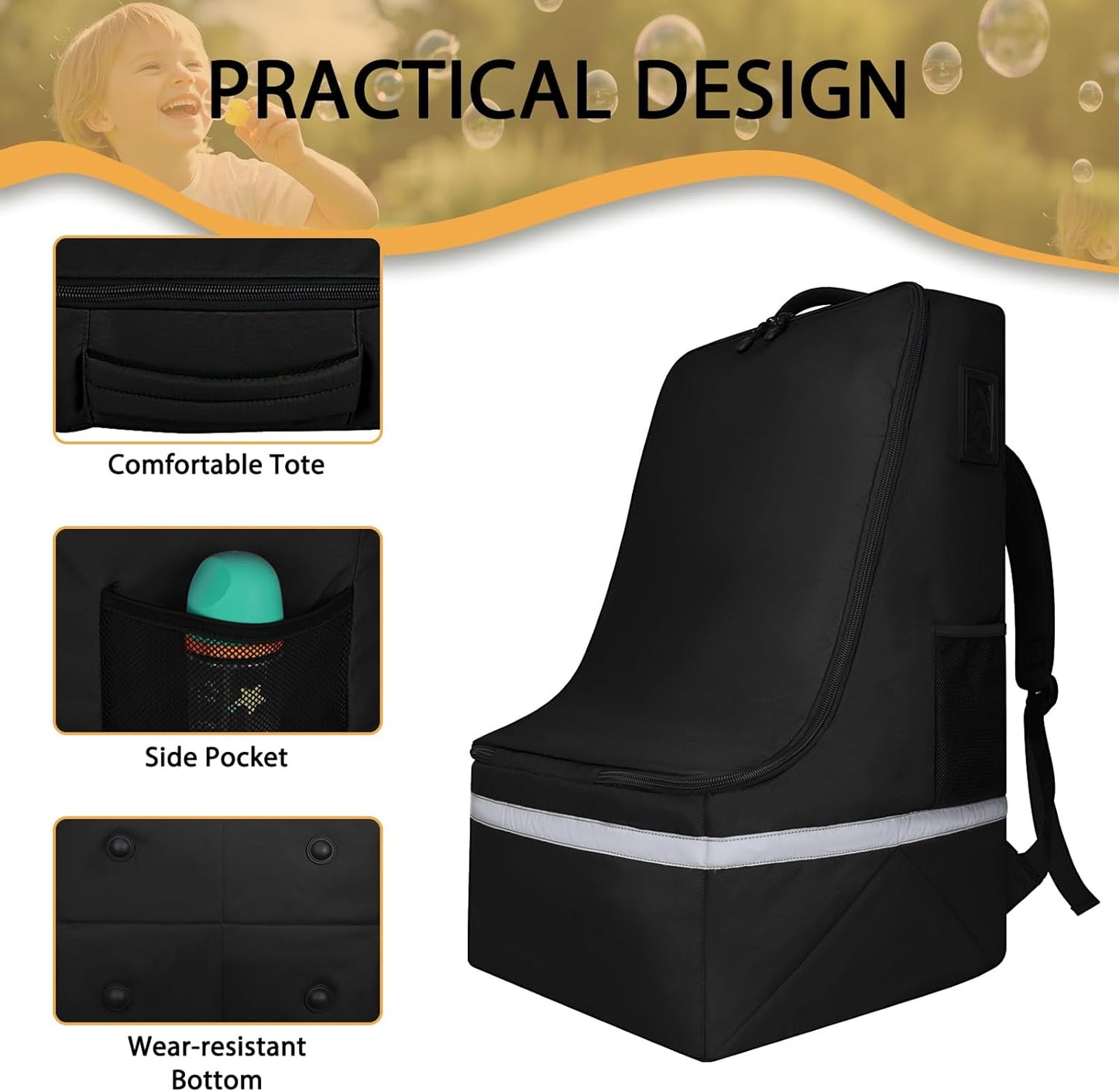 LARIPOP Car Seat Travel Bag for Airplane, Universal Gate Check Car Seat Bag, Padded Backpack with Waist Belt, Reflective Strips & Protective Feet, Fits Infant Convertible Booster Seats, Black