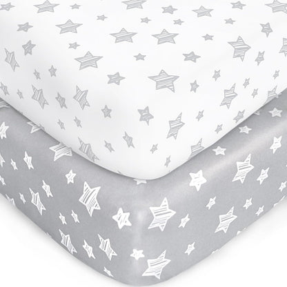 Pack and Play Sheets, 2 Pack Mini Crib Sheets, Stretchy Playard Fitted Sheet, Compatible with Graco Pack n Play, Soft and Breathable Material, Planet & Flower