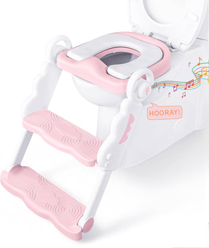 bebeleh Musical & Sound Toddler Potty Training Seat w/Step Stool Ladder - Collapsible & Adjustable Toilet, Pre Assembled Toddler Toilet Seat w/Music & Sounds - Splash Guard & Anti-Slip Steps - Gray