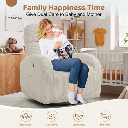 Swivel Rocker Recliner Chair, Rocking Recliner for Nursery with Side Pockets, Manual Swivel Reclining Nursery Glider Chair for Breastfeeding Living Room, Camel Chenille