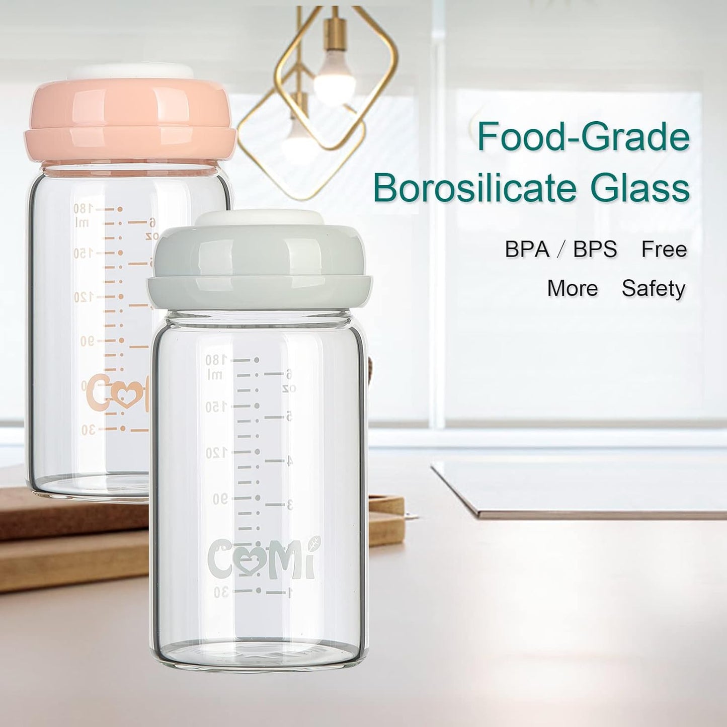 COMI Wide Neck Glass Breastmilk Collection n Storage Bottle, 4 Packs,10oz with Screw Ring Sealing Disk,Re-markable Sealing Disc,BPA Free,Fits Breast Pumps&Nipples(4 Green Lids)