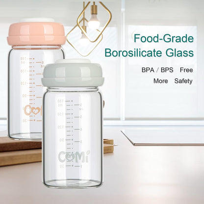 COMI Wide Neck Glass Breastmilk Collection n Storage Bottle, 4 Packs,10oz with Screw Ring Sealing Disk,Re-markable Sealing Disc,BPA Free,Fits Breast Pumps&Nipples(4 Green Lids)