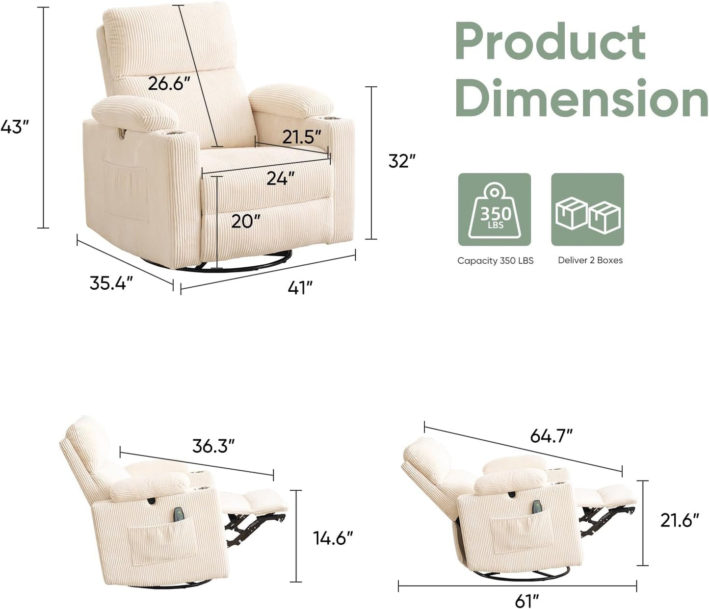 Rocking Chair Nursery with Adjustable Armrest for Breastfeeding, Glider Recliner Nursery Chair with Massage and Heat, Power Swivel Rocker Recliner with Adjustable Headrest, Corduroy, Beige