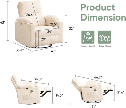 Rocking Chair Nursery with Adjustable Armrest for Breastfeeding, Glider Recliner Nursery Chair with Massage and Heat, Power Swivel Rocker Recliner with Adjustable Headrest, Corduroy, Beige