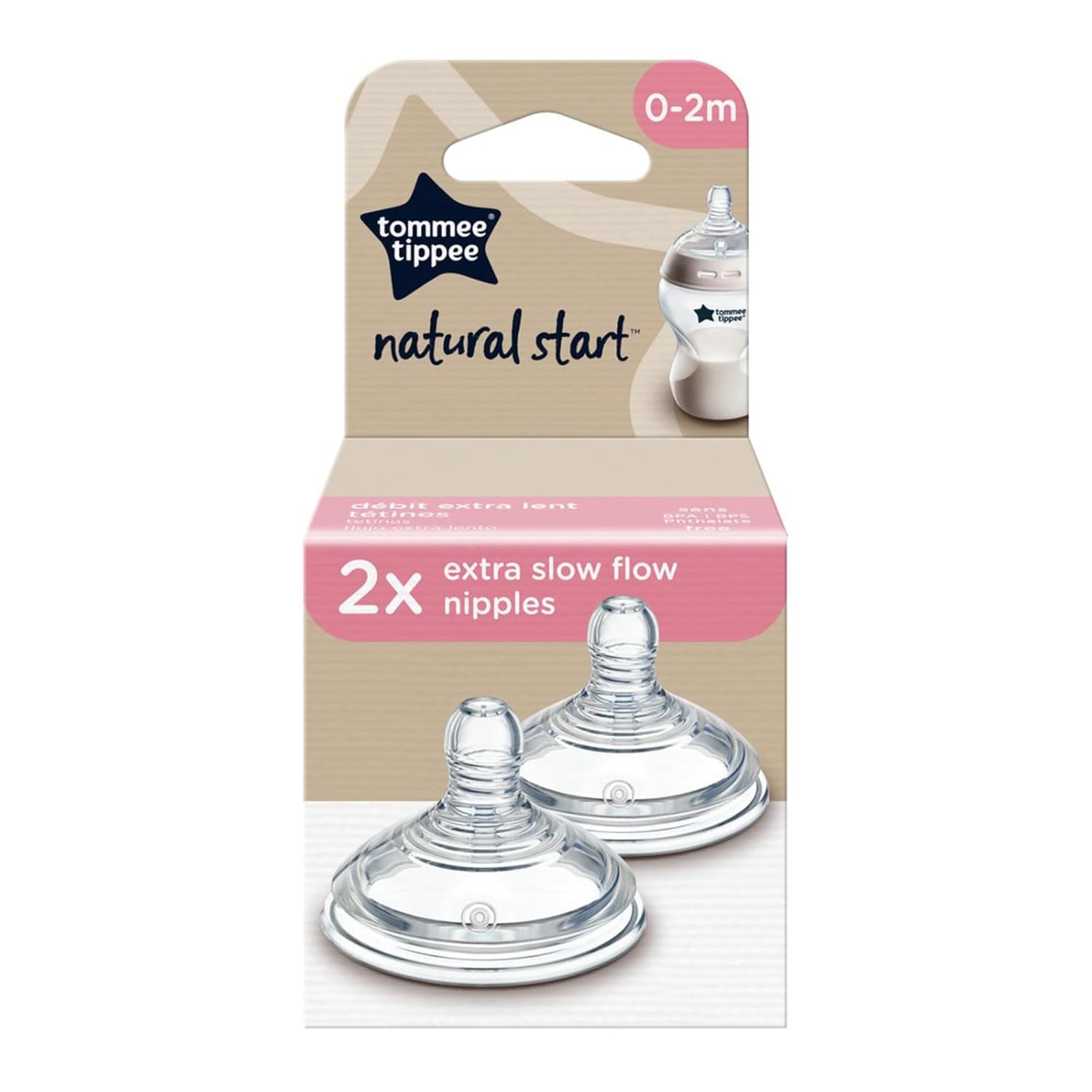 Tommee Tippee Natural Start Baby Bottle Nipples, Breast-Like for A Natural Latch, Anti-Colic Valve, Soft Silicone, Extra Slow Flow, 0+ Months, Pack of 2