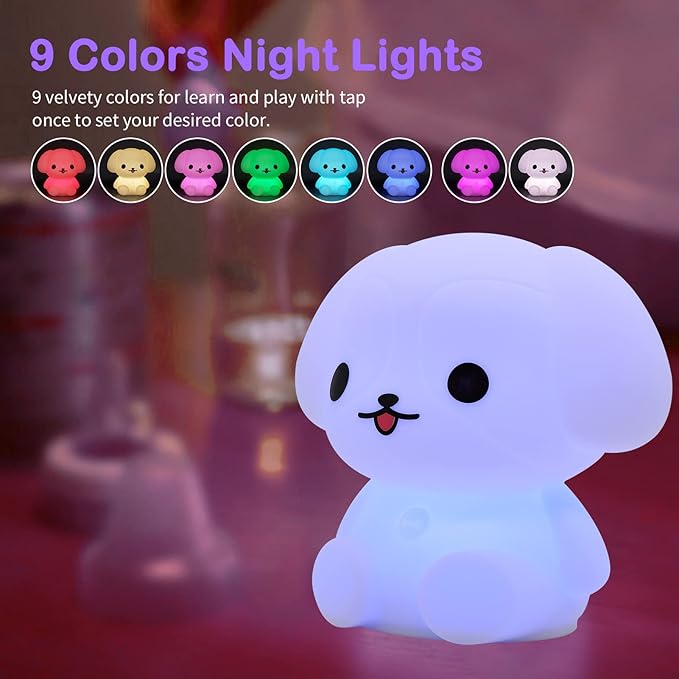 Baby Night Light for Car Seat- Dimming Function 9 Colors Changing Eye Caring Portable Rechargeable & Timing Bedside Lamp Light Up Toddler Bed Room Travel Essentials Squishy Silicone Infant BPA Free