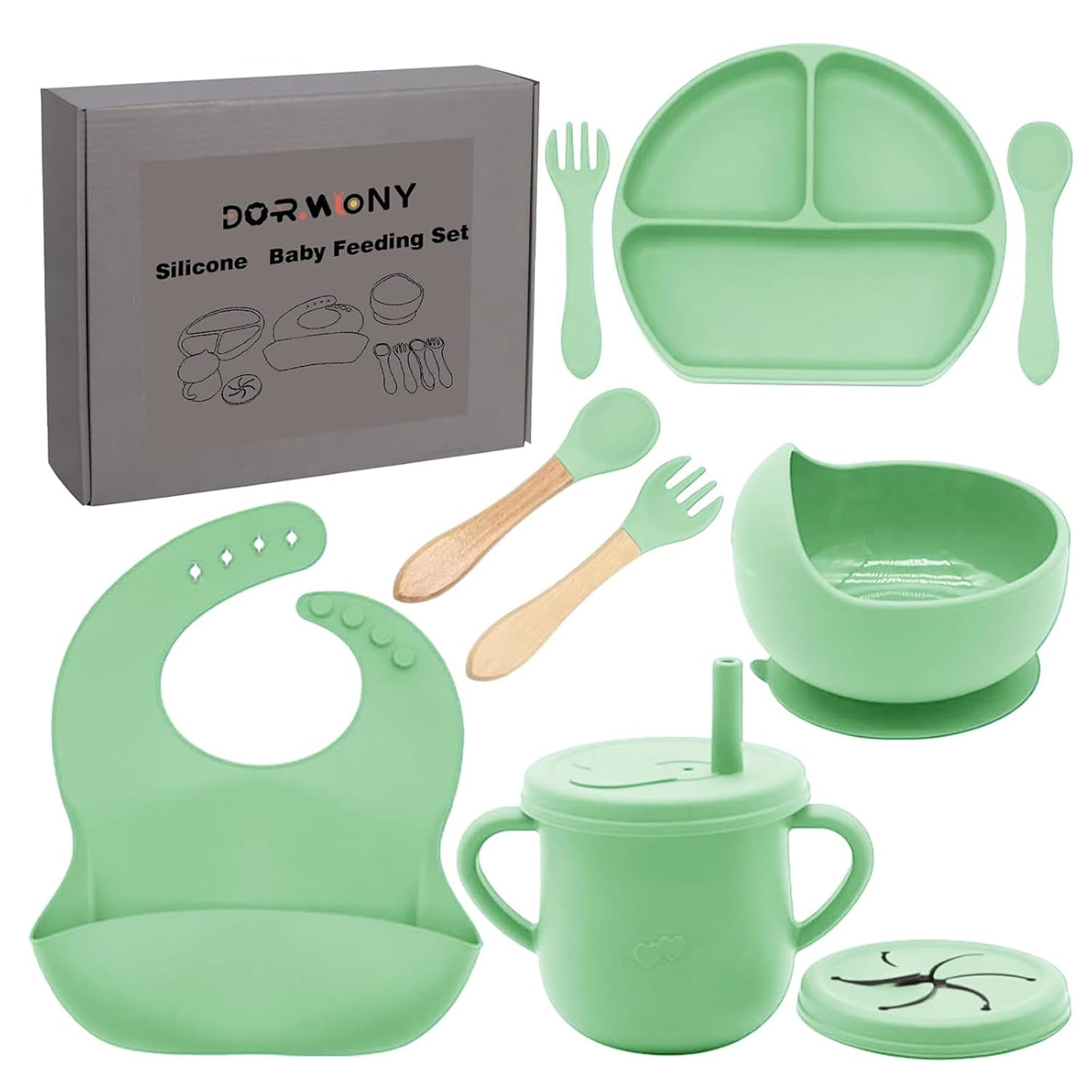 100% Silicone Baby Feeding Set, BPA Free Baby Dishes with Suction Bowl, Divided Plate, Toddler Self Feeding Dish Set with Spoons, Forks, Sippy Cup and Bib, Baby Eating Utensils (Navy Blue)
