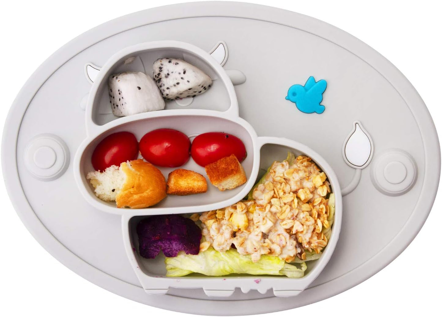 Silicone Divided Toddler Plates - Portable Non Slip Suction Plates Placemat for Children Babies and Kids BPA Free Baby Dinner Plate Bowl (Owl-Cyan)