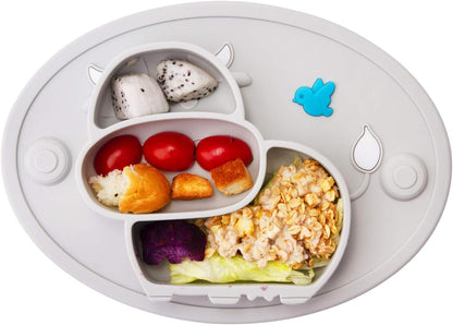 Silicone Divided Toddler Plates - Portable Non Slip Suction Plates Placemat for Children Babies and Kids BPA Free Baby Dinner Plate Bowl (Owl-Cyan)