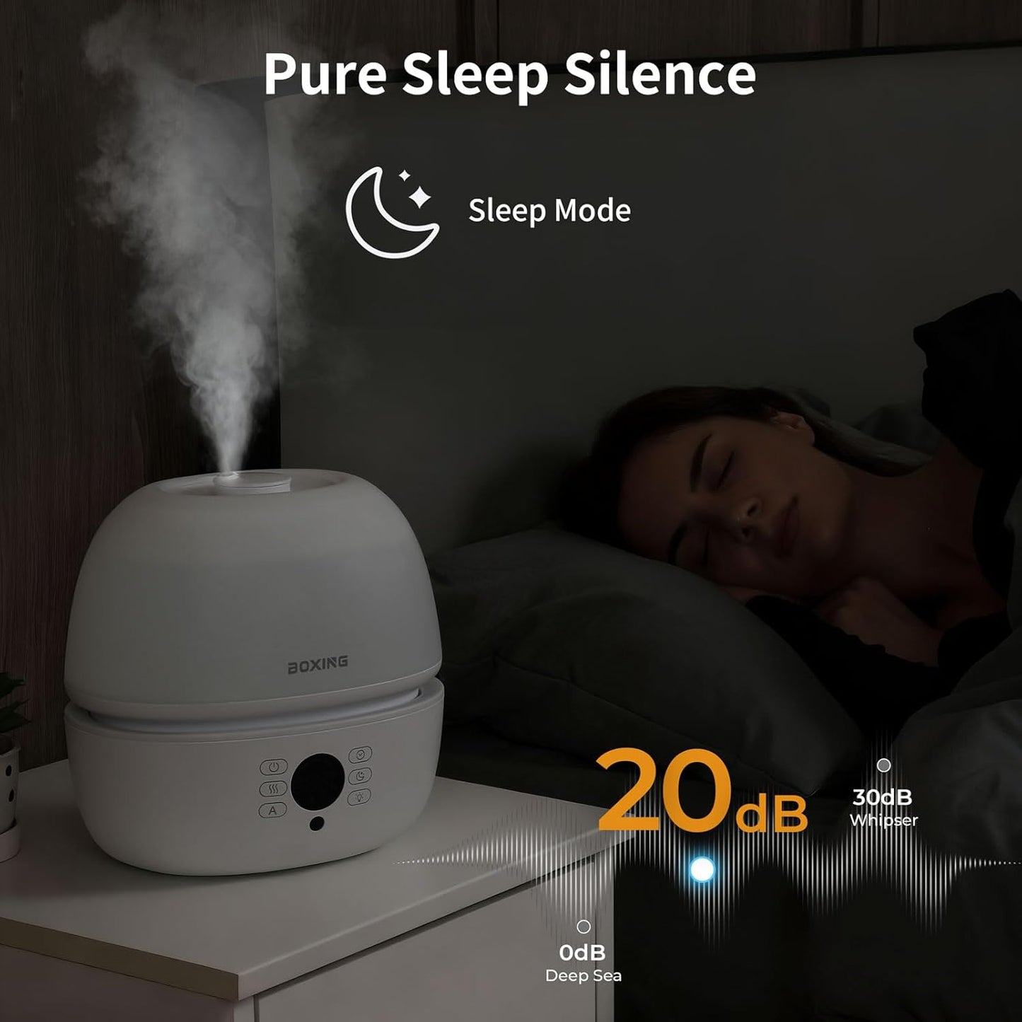 BOXING 3L Cool Mist Humidifier, Ultra Quiet 20dB for Bedroom, Baby & Office, Top Fill Air Humidifier for Home Office & Indoor Plants, 30H Runtime, Essential Oil Tray, Night Light, BPA-Free, White