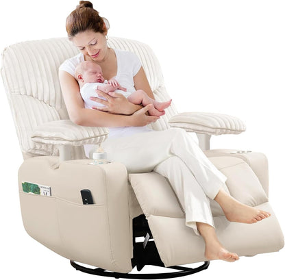 GRAINELL Oversize Power Swivel Recliner, 40in Wide Electric Glider Rocking Chair with Headrest Adjustment, USB Port, 270° Swivel, Rock 30° – for Living Room, Nursery, Black (5" 7' to 6" 1' Height)